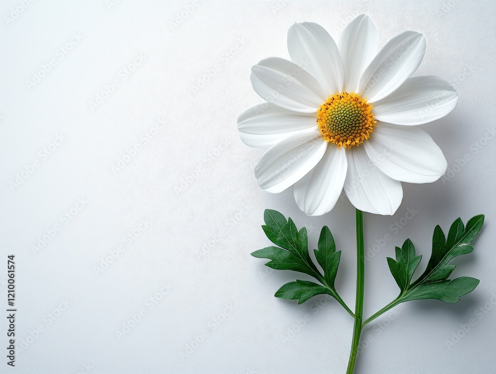 A close-up of a white daisy flower with green leaves on a light background. A close-up of a white daisy flower with green leaves on a light background.
