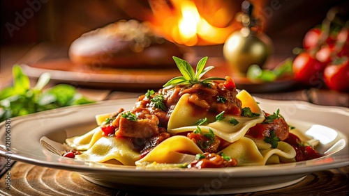 Delicate fagottini pasta, porcini mushrooms, three-tomato sauce, and crispy guanciale. photo