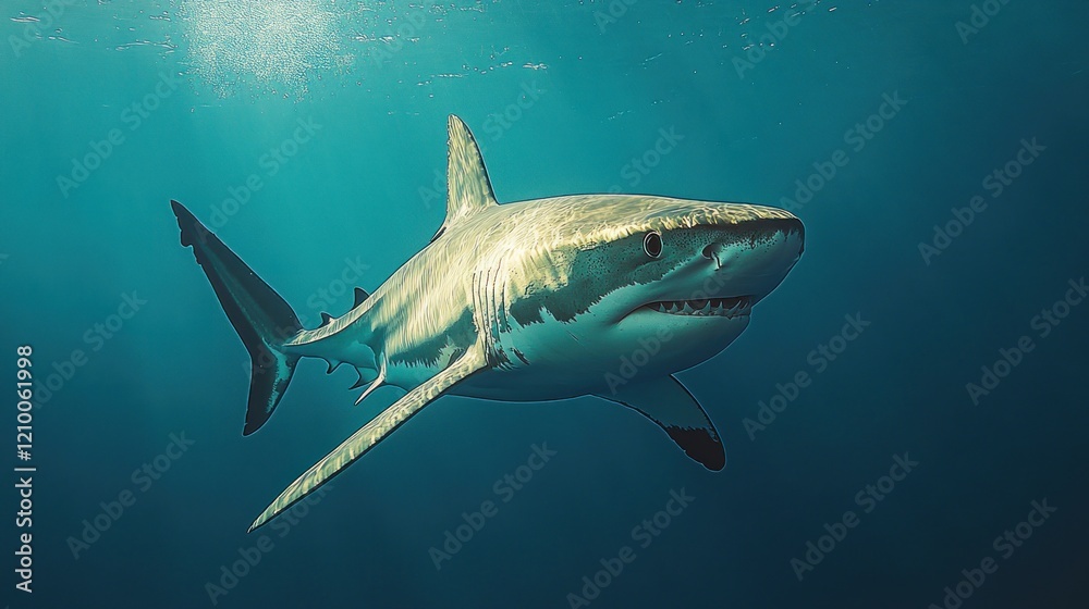 Fototapeta premium Ocean shark swimming, sunlit water, deep blue background, wildlife documentary