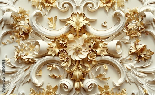 3D wallpaper with a stretched ceiling decoration design featuring golden flowers and leaves.