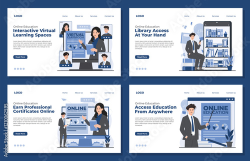 Landing page template online education virtual classes professional certification online library digital book concept set