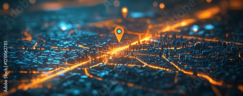 Digital map showing a miniature city model, with clear location markers emphasizing important urban areas, designed in a polished, contemporary style
