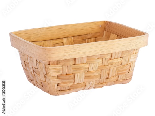 Sustainable and Wooden product. Woven wooden basket in a rectangular shape for storage and display. photo