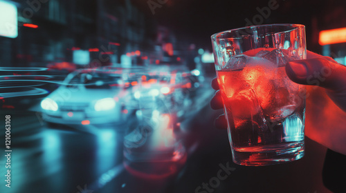 A close-up of a hand holding a drink, with ghostly images of car crashes and accidents in the reflection, symbolizing the risk of impaired driving from alcohol