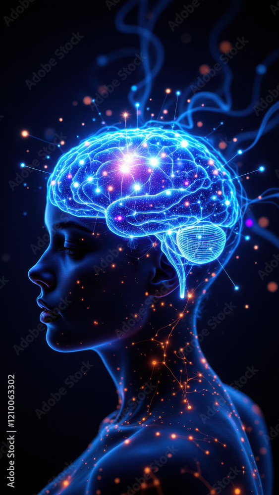 This is an artistic representation depicting a human head with their brain replaced by a glowing digital neural network, symbolizing artificial intelligence or advanced technology This is an artistic representation depicting a human head with their brain replaced by a glowing digital neural network, symbolizing artificial intelligence or advanced technology