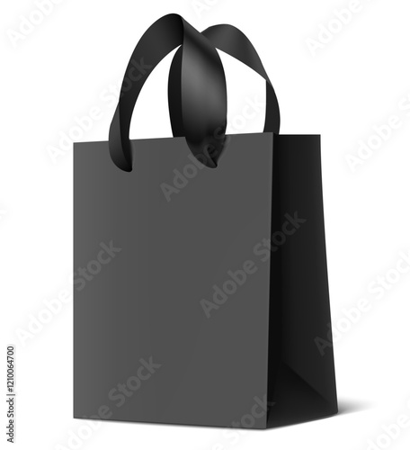 Decorative realistic ecological black paper bag mockup with black silk ribbon handles for shopping isolated on white with shadow. Vector stock illustration.	