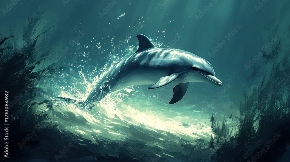 Obraz premium Dolphin leaping, ocean, seaweed, sunlight, underwater, marine life, nature, wildlife, aquatic, background, digital art
