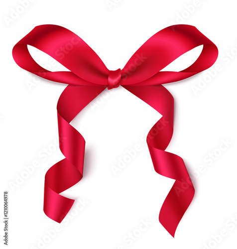 Decorative Valentine's Day red bow with long swirl ribbon isolated on white. Beautiful spring holiday decoration for your design. Vector stock illustration.