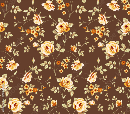 Seamless floral pattern with beautiful vintage rose and decorative leaf silhouette. Wallpaper with abstract yellow rose flower, green leaf on brown background. Vector stock illustration.
