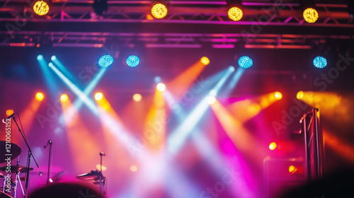 Dynamic and colorful stage lights illuminate a concert venue, creating an exciting atmosphere for music and performance. Perfect for event-related imagery.