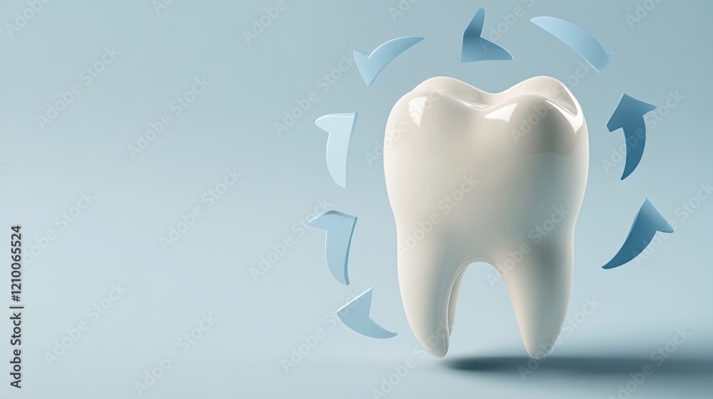 3D representation of a white tooth with blue arrows circling it, set against a solid background, emphasizing dental health 3D representation of a white tooth with blue arrows circling it, set against a solid background, emphasizing dental health