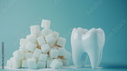 A visually striking image of sugar cubes next to a dental model on a blue background, highlighting the relationship between sugar consumption and dental health.