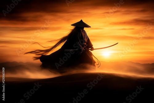 A dramatic silhouette of a person holding a warrior pose on a sand dune at sunset, with golden skies framing the figure photo