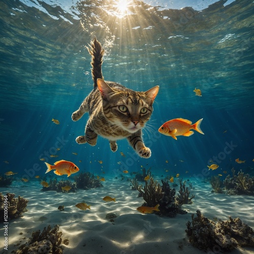 A surreal digital art of a cat swimming gracefully underwater, with a large, colorful fish swimming above it, the sunlight filtering through the waters surface, casting beautiful patterns on the sand.