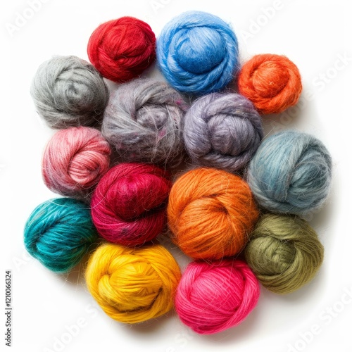 Top view of colorful wool yarn balls arranged in a circle, creating a vibrant and textured display on a clean white background photo