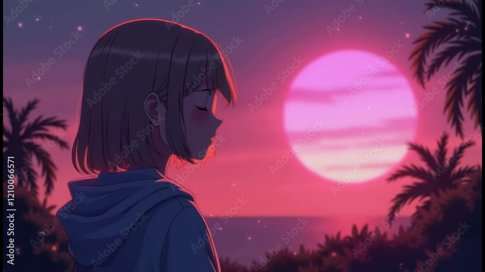 A seamless lofi animation of a girl outdoors, capturing peaceful and relaxing vibes. Perfect for study, relaxation, or aesthetic backgrounds with a calming atmosphere. Seamless loop.