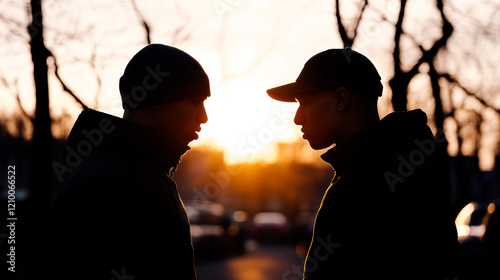 Silhouettes of two suspicious men talking on the street photo