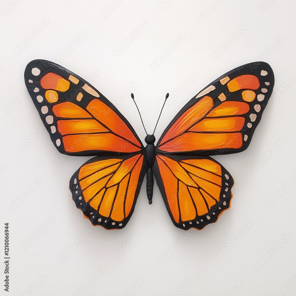 Obraz premium Vibrant orange monarch butterfly resting with its wings spread wide against a light background