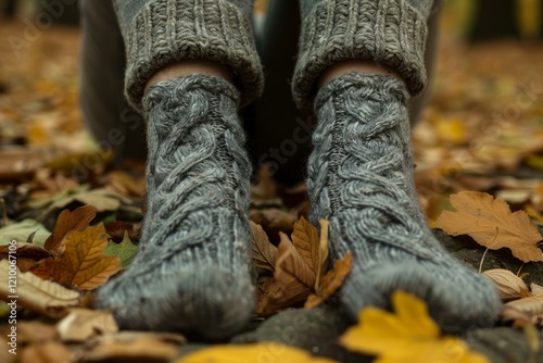 Woman wearing cozy grey cable knit socks and leg warmers, relaxing amidst colorful fallen leaves in autumn forest photo