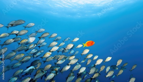 A single, brightly colored fish swimming against a school of uniform-colored fish, symbolizing individuality and nonconformity  photo