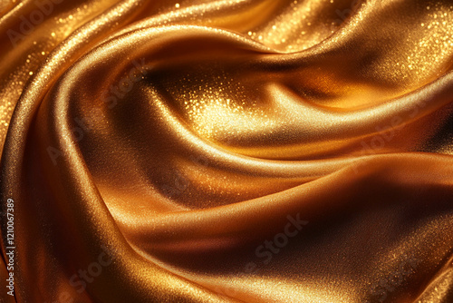 Close-up of luxurious golden satin fabric with a smooth, shiny texture and subtle sparkles, creating an elegant and rich appearance.