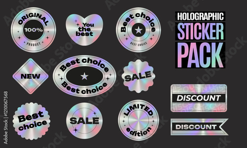 Set of modern holographic sticker, label templates. Shiny rainbow emblem Original, Limited Edition, New, Sale, Best choice. Vector illustration