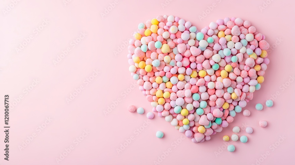 Obraz premium A heart-shaped arrangement of colorful candies on a pastel background.