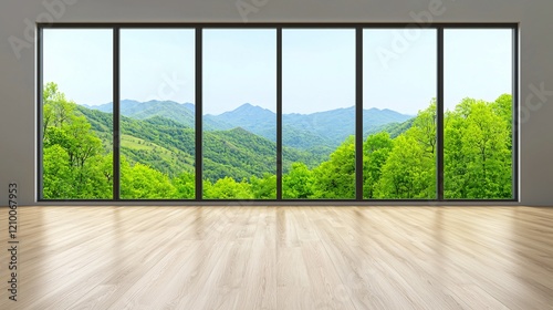 Breathtaking nature view through large windows modern room interior design serene environment panoramic view tranquility