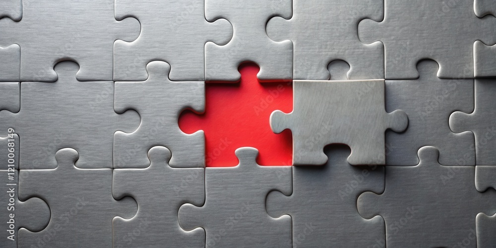 Fototapeta premium Nearly Complete Grey Jigsaw Puzzle with a Single Missing Piece Revealing a Vibrant Red Background