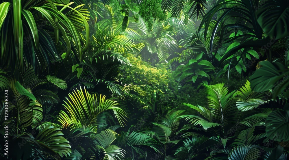 Fototapeta premium Lush green tropical jungle with sunlight streaming through the leaves.