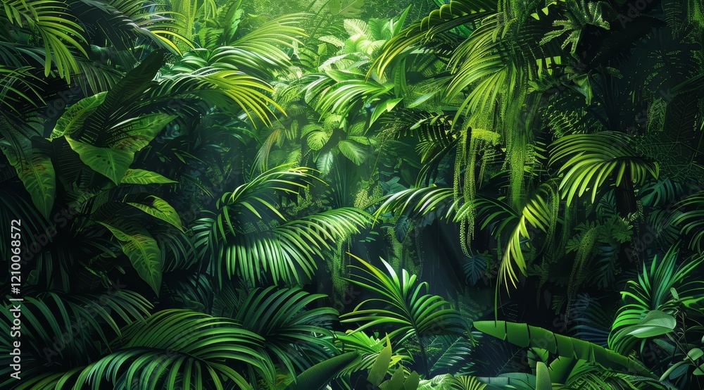 Lush green tropical foliage with sunlight breaking through the leaves.