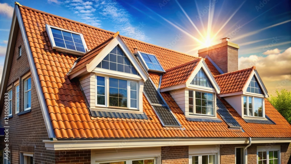 Sunlight illuminates a modern residence featuring solar panels seamlessly integrated into a terracotta tile roof, enhancing energy efficiency and aesthetic appeal. Sunlight illuminates a modern residence featuring solar panels seamlessly integrated into a terracotta tile roof, enhancing energy efficiency and aesthetic appeal.
