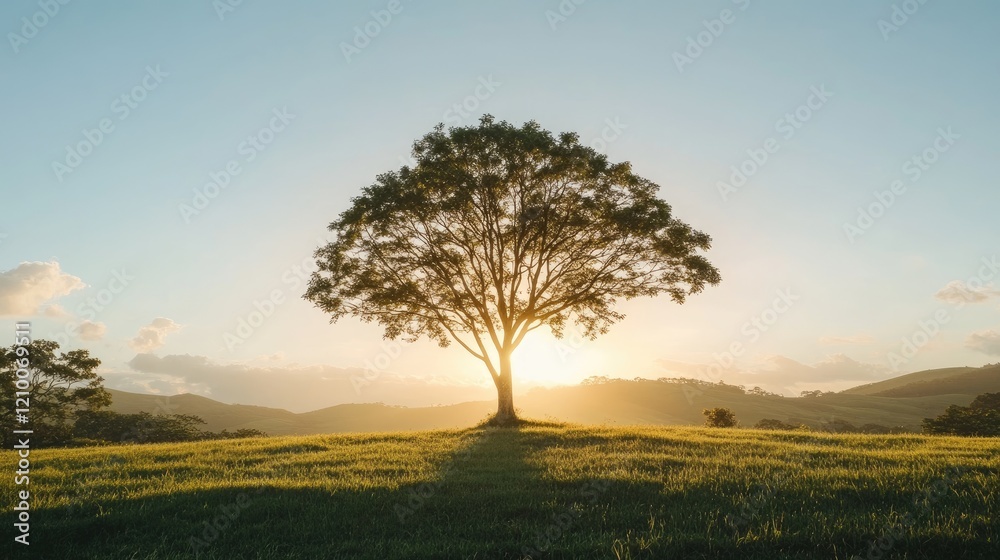 Obraz premium A peaceful countryside scene with rolling hills and a single tree glowing under the golden hour light.