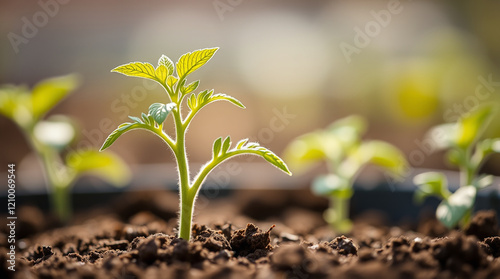 Young tomato seedlings growing in soil