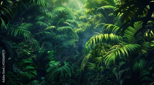 Lush green tropical rainforest with sunlight filtering through the dense foliage.