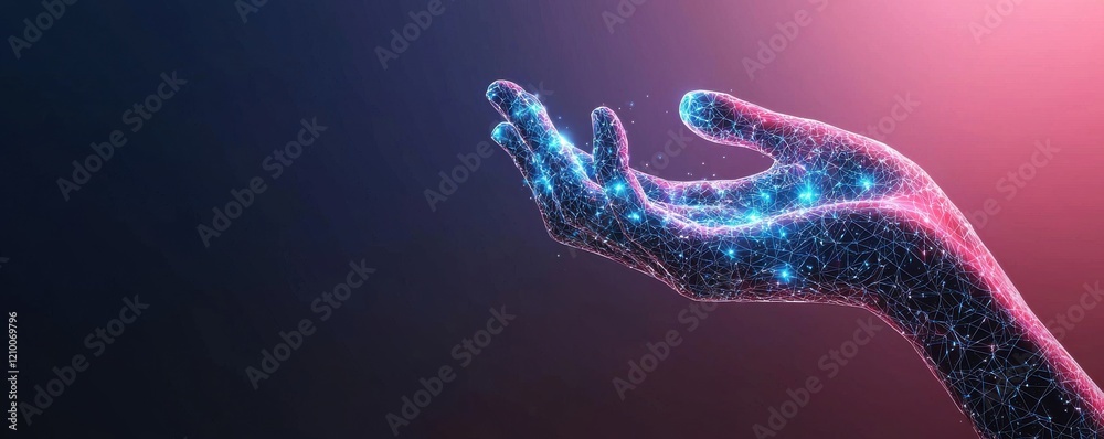 A glowing, digital hand reaches out, showcasing an ethereal, cosmic design against a gradient background of pink and blue.