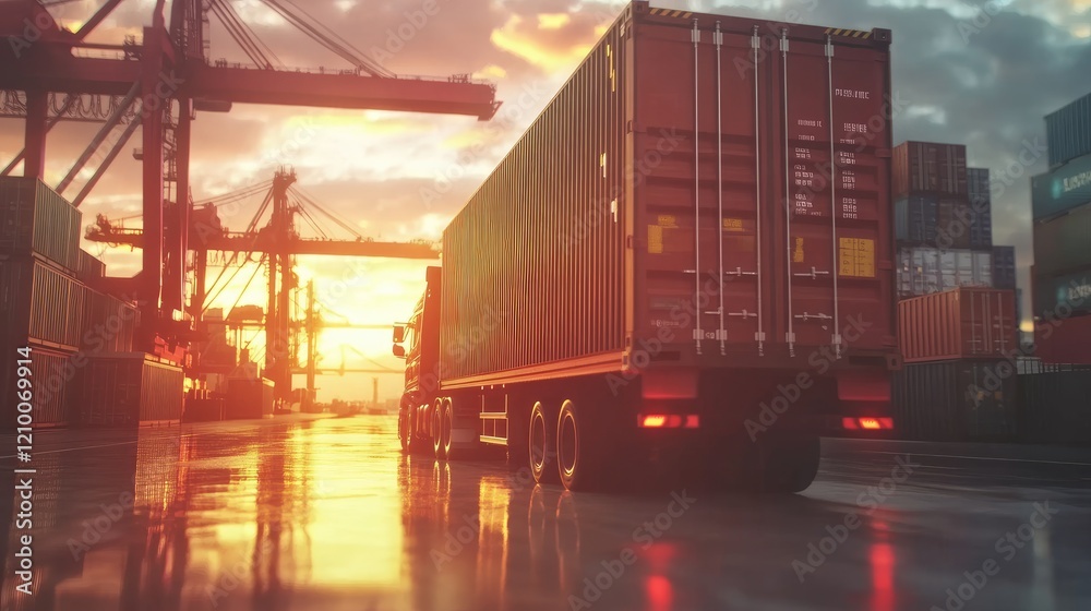 Obraz premium Busy port terminal with a cargo truck in action, transporting containers under a vivid orange sunset sky. Global commerce in focus. -