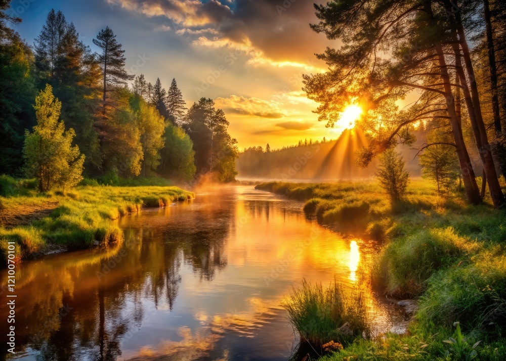 Naklejka premium Golden hour paints the riverbank, forest mirrored in the dusk's calm waters.