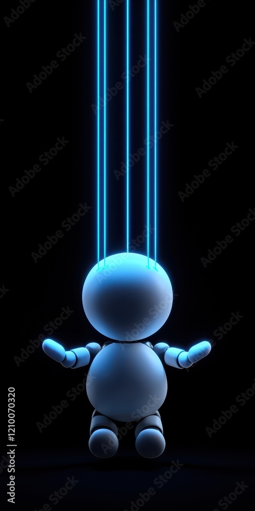 A blue puppet with glowing lines against a dark background, symbolizing control. A blue puppet with glowing lines against a dark background, symbolizing control.