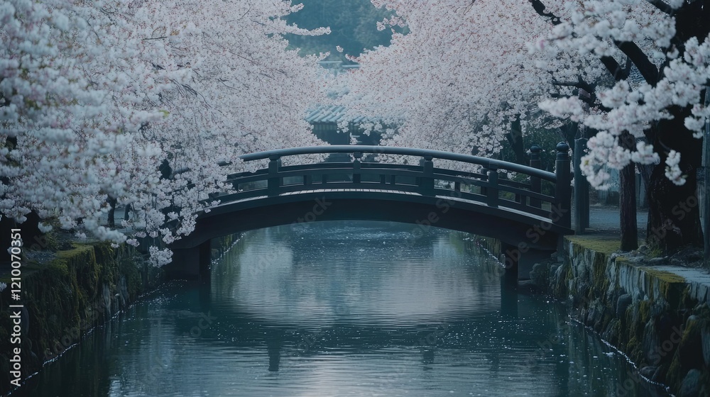 Fototapeta premium A small wooden bridge crossing a serene river, surrounded by blooming cherry blossoms.