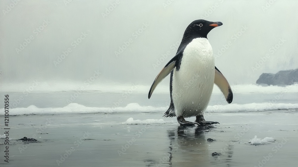Obraz premium Ad?lie penguin walking Antarctic ice, foggy background, wildlife documentary