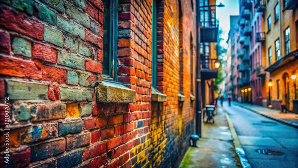 Fototapeta premium Gritty Brooklyn brick wall portraits. NYC grunge architecture as backdrop. Sidewalk details enhance urban aesthetic.