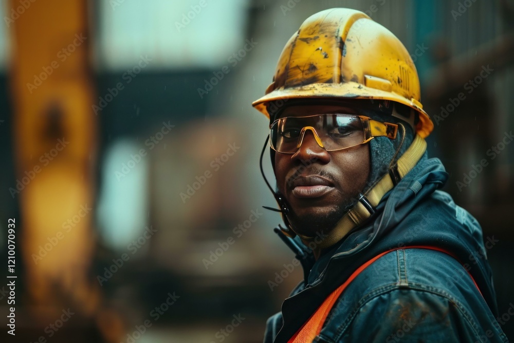 Portrait of an african american industrial worker wearing safety glasses and hardhat in a factory setting