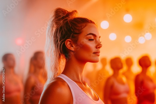 A group of women practicing hot yoga in a dimly lit room, with sweat glistening under the warm ambient lighting
