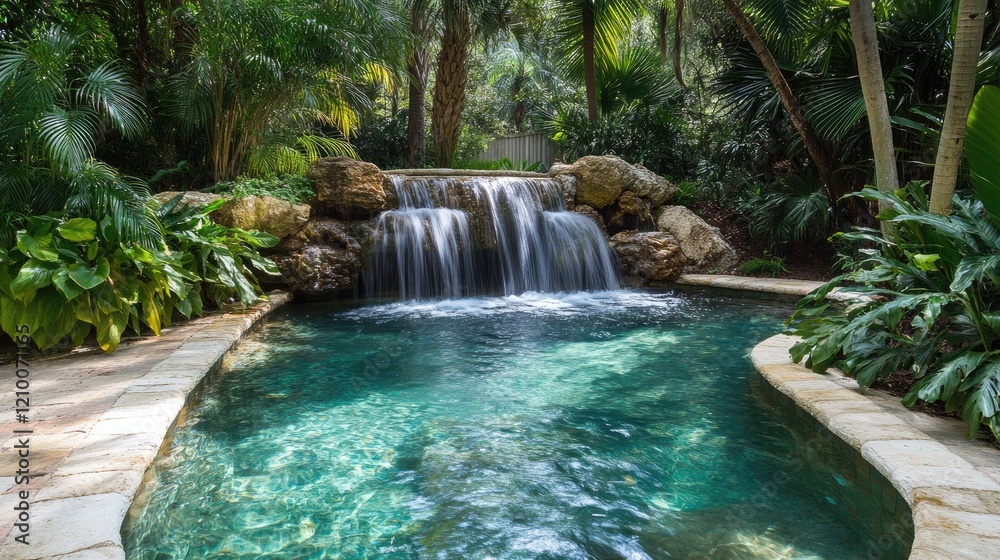 Naklejka premium A tranquil waterfall cascading into a crystal-clear pool, surrounded by lush greenery.