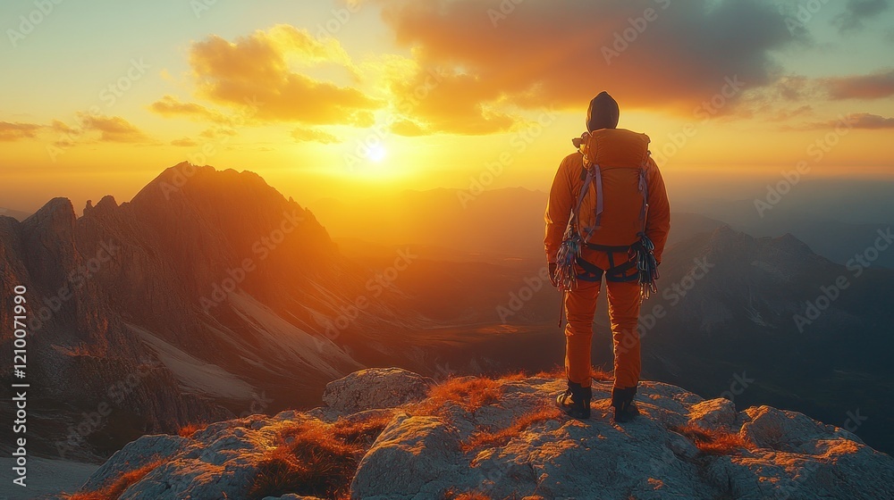 Fototapeta premium Climber sunset mountaintop achievement vista