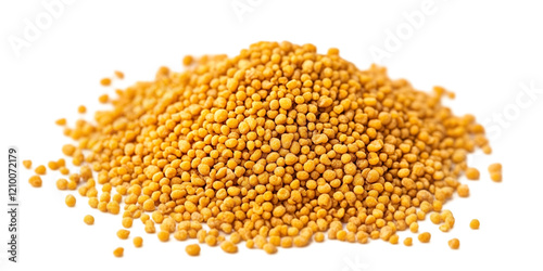 Pile of yellow mustard seeds on white background