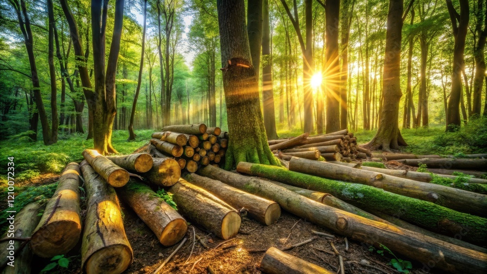 Sunlit Forest with Stacked Logs at Dawn A Serene Landscape of Nature's Bounty Sunlit Forest with Stacked Logs at Dawn A Serene Landscape of Nature's Bounty
