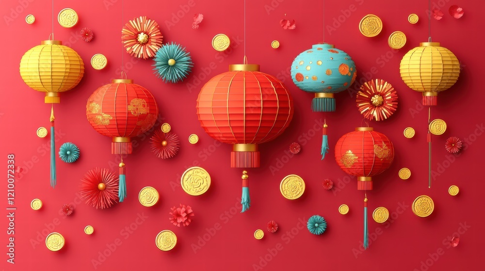 Obraz premium Vibrant Red Background with Decorative Lanterns for New Year Celebration