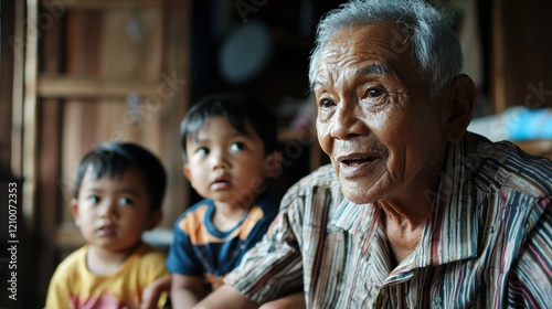 A grandfather telling stories to his grandchildren.